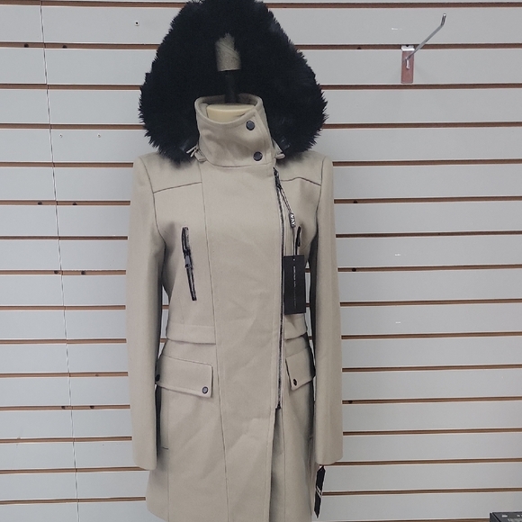 Jackets & Blazers - Women's Beige Coat with Black Fur Hood